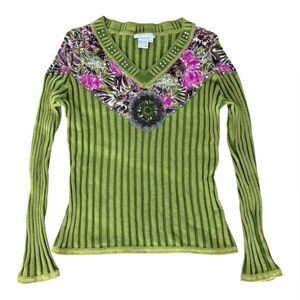 Alberto Makali Lime and Olive Striped V-Neck Sweater with Rhinestones